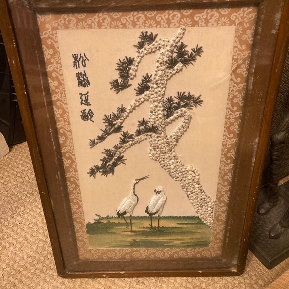 Framed Asian Shell Art Relief 2 Cranes Herons With Tree Vintage 12x18” - Picture 3 of 16
